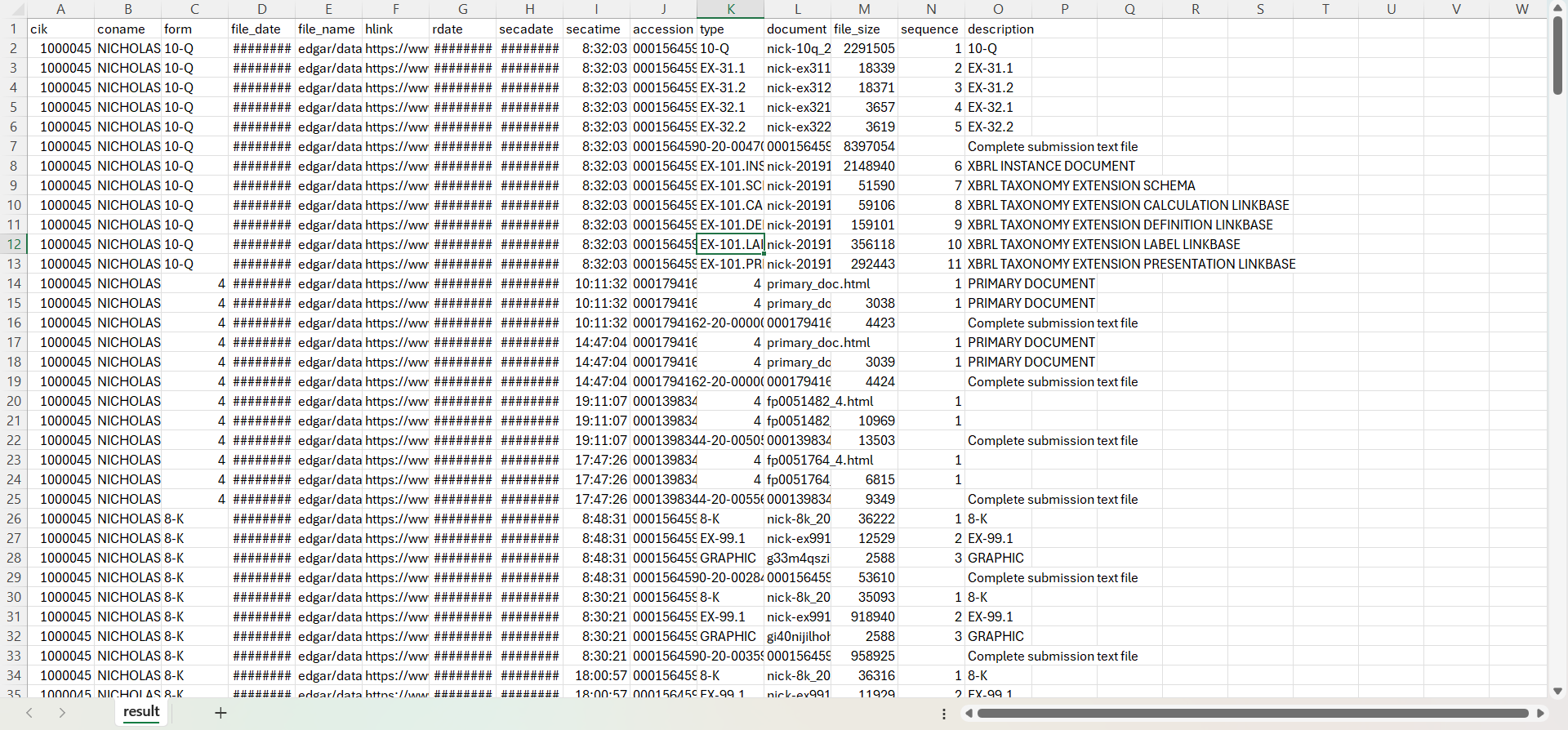 SEC Filings Database System SEC filing index spreadsheet